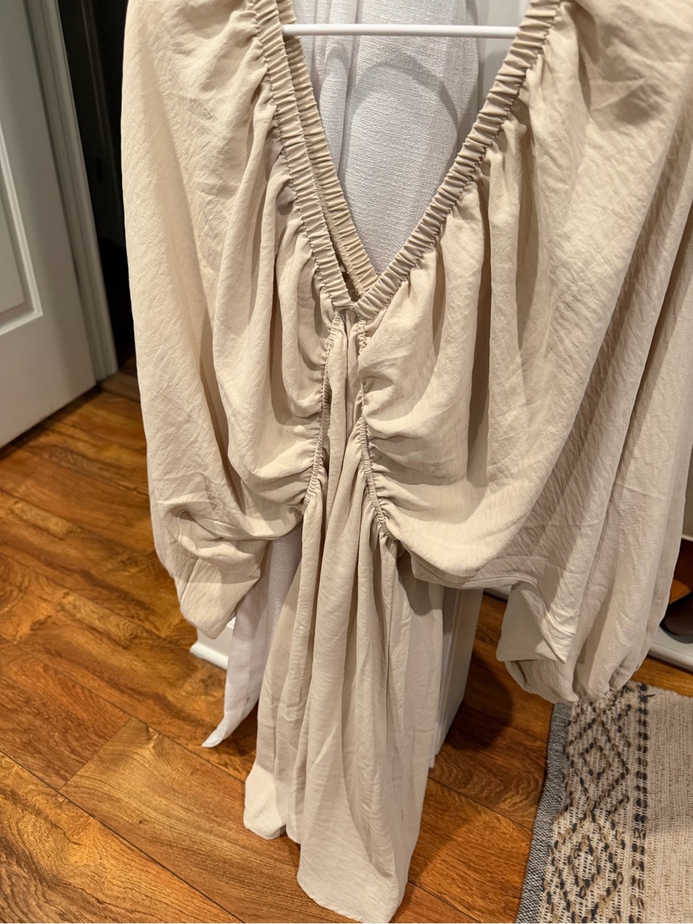SHEIN Cream Gathered V-Neck Midi Dress
